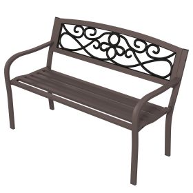 Outdoor Bench, Steel Garden Bench with Floral Design Backrest and Armrest, Metal Bench for Patio Park Porch Lawn Yard Deck, Brown