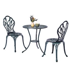 3 PCS Outdoor Bistro Set, All-Weather Cast Aluminum Tulip Bistro Table and Chairs Set of 2, Patio Bistro Set for Backyard, Garden, Balcony (Green