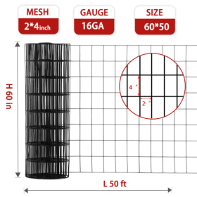 60inch X 50ft Black Vinyl Coated Hardware Cloth 2 X 4 16Ga Welded Wire Mesh Fence, PVC Coated Welded Chicken Wire Fencing, Metal Garden Plant Fen