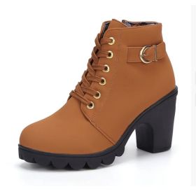 Fashoin Leopard Print Ankle Square Heel Suede Lace-up Zip Boots Women Casual Versatile Shoes Autumn And Winter (Option: Yellow-36)