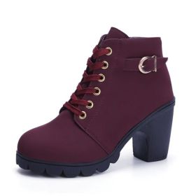 Fashoin Leopard Print Ankle Square Heel Suede Lace-up Zip Boots Women Casual Versatile Shoes Autumn And Winter (Option: Wine Red-36)