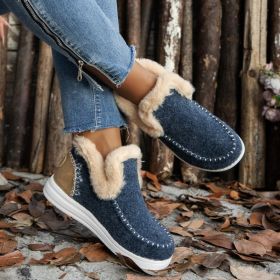 Fleece-lined Thick Plush Boots Warm Sewing Flat Cotton Shoes Winter Ankle Boot (Option: Dark Blue-38)