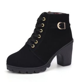 Fashoin Leopard Print Ankle Square Heel Suede Lace-up Zip Boots Women Casual Versatile Shoes Autumn And Winter (Option: Black-38)