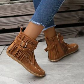 Retro Ankle Boots With Rivet Tassel Flat Shoes Women Winter Boots (Option: Dark Brown-43.)