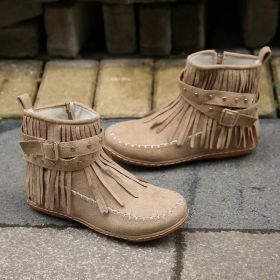 Retro Ankle Boots With Rivet Tassel Flat Shoes Women Winter Boots (Option: Khaki-43.)
