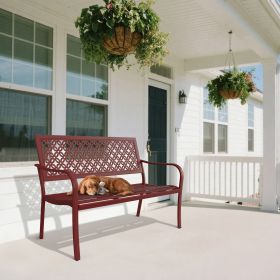 Outdoor Garden Bench with Anti-Rust Metal Powder Coated Frame, Patio Bench for Front Porch Park (Color: Red)