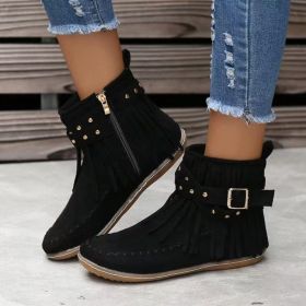 Retro Ankle Boots With Rivet Tassel Flat Shoes Women Winter Boots (Option: Black-36.)