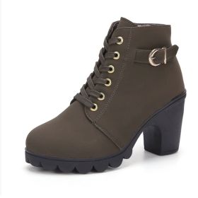 Fashoin Leopard Print Ankle Square Heel Suede Lace-up Zip Boots Women Casual Versatile Shoes Autumn And Winter (Option: Army Green-35)