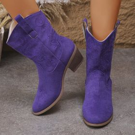 Pointed Toe Western Boots Fashion Retro Embroidered Chunky Square-heeled Mid-calf Boot For Women (Option: Purple-37)