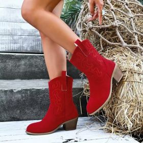 Pointed Toe Western Boots Fashion Retro Embroidered Chunky Square-heeled Mid-calf Boot For Women (Option: Red-37)